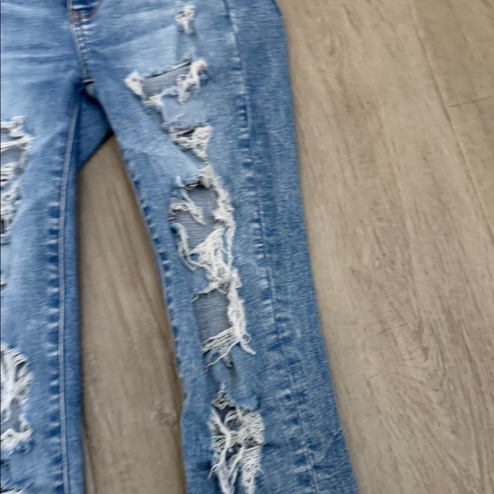 American Eagle High waisted Distressed Blue Skinny Jeans size 000 - Picture 3 of 15